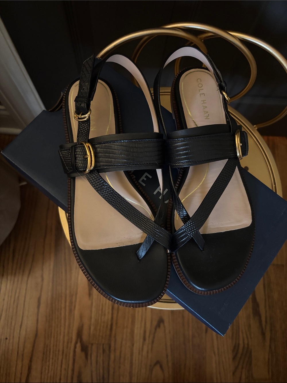 Cole Haan Black Leather Anica Lux Buckle Sandals with Gold Buckles
